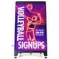 Digital sidewalk sign showcasing a front on graphic of volleyball signups for a college university