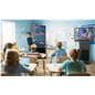 Rotating touch screen digital signage being used in a classroom setting with one screen oriented in landscape playing a video and the other in a portrait orientation showing a game that's quizzing the class on the video