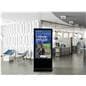Advertising multimedia kiosk in a corporate office space showcasing an employee spotlight graphic