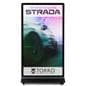 Digital display advertising floor stand with a graphic of a video being played for a car advertisement for a dealership