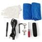 Digital display advertising floor stand with a kit shot that includes a remote, gloves, micro fiber towel, antenna, and tools