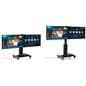 Motorized double screen floor standing showcasing the stands at its highest and lowest settings