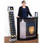Digital signage video literature rack shown in trade show booth