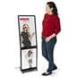 Backlit multimedia kiosk with signage and portrait orientation measures 27 inches wide by 45 inches tall 