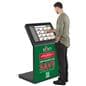 Touch screen kiosk with camera with an individual interacting with the 49.2 inch tall interactive unit