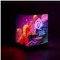 Three-sided digital signage totem being exhibited in a dark room showing its bright and vibrant display