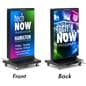 Foldable LED poster showcasing the front and back of the unit displaying content independently from one another