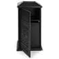 Decorative outdoor trash can has swing open door