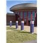 Square advertising bollard sign has durable construction for outdoor use