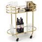Portable oval serving cart on wheels with two shelving tiers 
