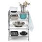 Metal wire shelving unit has four sturdy chrome tiers