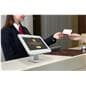 Countertop Samsung Galaxy tablet holder being utilized in a hotel lobby