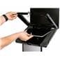 Black and silver customizable tablet info kiosk with hinged internal tray for device access