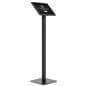 Floorstanding Samsung Galaxy tablet holder showcasing a hotel self service check in screen
