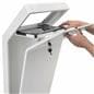 White iPad floor stand kiosk with hinged internal tray for device access