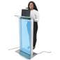 Illuminated clear acrylic podium has an angled counter