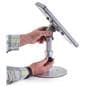 Silver adjustable countertop iPad stand that tilts to landscape or portrait mode