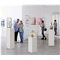 White display pedestal showcasing artifacts in gallery setting