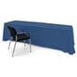Dark blue polyester table cover fits evenly on all 4 corners 