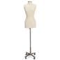 Mobile female sewing mannequin is covered with white ribbed cotton material 