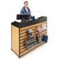 Slatwall cash wrap with natural wood finish and black metal accents