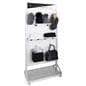 Rolling slatwall stand with sign holder and standard slatted wall accessory compatibility