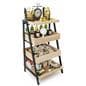Wooden tiered display shelving has sturdy wood and metal construction