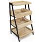 Wooden tiered display shelving with natural wood finish