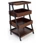 Rustic wooden dump merchandising shelves with dark brown finish