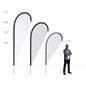 Flags with hardware height comparison diagram showing them standing 8',10', and 12' tall next to a 5'9" man