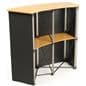 Outdoor booth setup with storage shelves