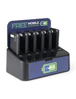Tabletop Battery Dock Charging Station, 6 Banks, 2 Cable Types, Custom Graphics Portable battery dock charging station offers your customers free power boosting