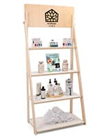 73" x 31.5" Multi-Tiered Display, Custom Graphics, Collapsible Design - Natural Wooden Ladder Shelves with Wooden Dowels