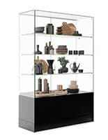 48" Glass Display Case w/ Sliding Doors, Base Cabinets, Frameless - Black Free standing display case and cabinet