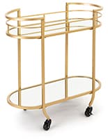 Use This Oval Serving Cart on Wheels in Hotels to Easily Deliver Food and Beverage from Room to Room Oval serving cart on wheels with two mirrored shelves
