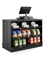 48"w x 36"h Metal Cash Wrap, Adjustable Merchandising Shelves, Double-Sided - Black Retail cash wrap counter with shelving for impulse sales
