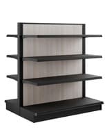 retail gondola shelving with faux-wood backer upscale retail gondola shelving