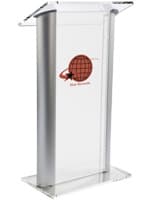 Recycled Acrylic and Aluminum Podium, Frosted Panel, 2 Color Imprint - Silver Plastic lectern with multi-color imprint made with recycled acrylic