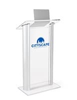 Recycled Acrylic Podium with Aluminum Sides, Custom Artwork - Clear & Silver Custom pulpit is 48" tall