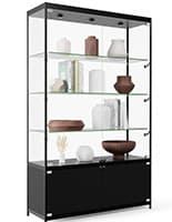 48” Display Case w/ 7 LED Top & Side Lights, 3 Fixed Shelves, Hinged Doors - Black LED retail display cabinet, fixed shelves