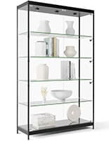 48” Display Case w/ 9 LED Top & Side Lights, 4 Fixed Shelves, Hinged Doors - Black Modern LED Display Cabinet with Aluminum Construction