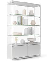 48” Display Case w/ 7 LED Top & Side Lights, 3 Fixed Shelves, Hinged Doors - Silver LED retail showcase with long extension cord