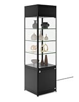 20" Display Case w/ LED Lights, Glass Shelves, Locking Hinged Door - Black LED retail tower with modern design