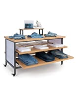 This Tiered Display Table with Wheels Is Perfect for Showcasing Merchandise at Retail Stores Tiered display table with wheels and frosted acrylic side panels