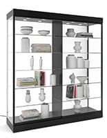 72" Glass Display Case w/ Top Lights, Wheels, Locking Sliding Door - Black This glass showcase cabinet with a mirrored panel