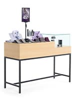 54" Retail Showcase Display Table with Tempered Glass, Locking Drawer - Maple Retail showcase display table with metal base