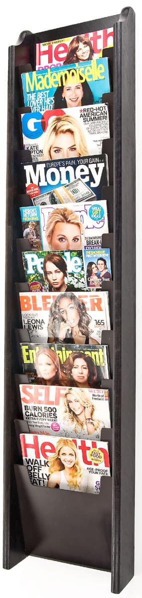 Small Magazine Display Case Cascading Pocket Magazine Holder Made with a Solid Oak Frame | Displays2Go