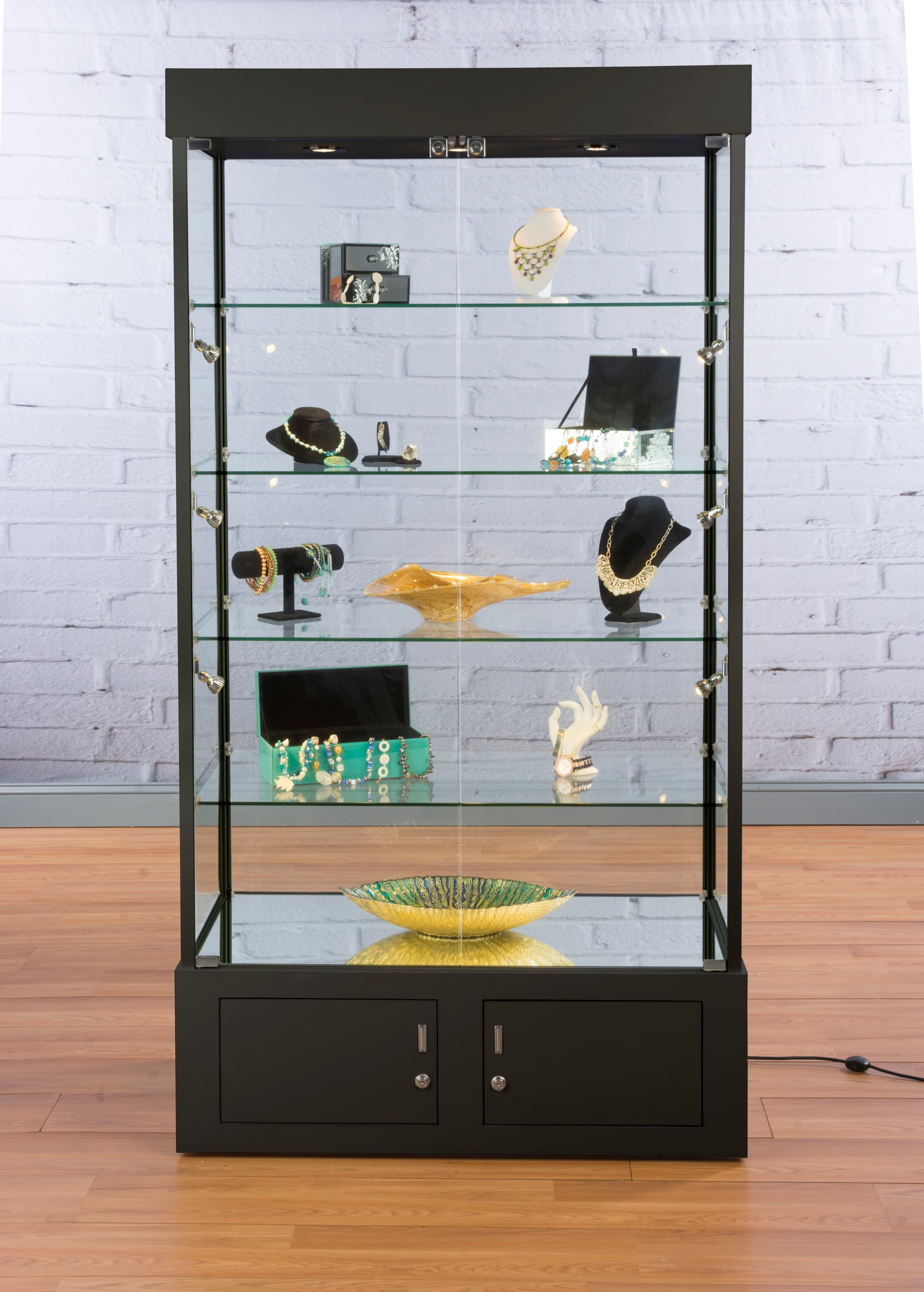 Reflecting Display Case Black Display Case with Mirrored Bottom | Bottom Storage | Displays2Go